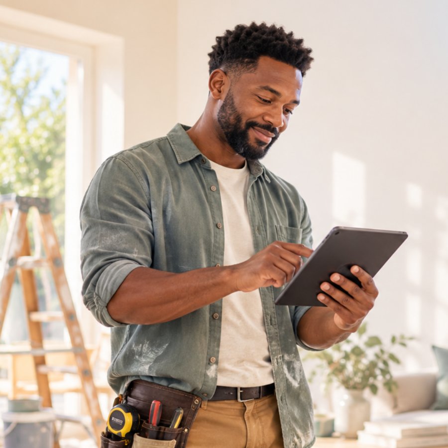 A business owner texting Kovi from a tablet