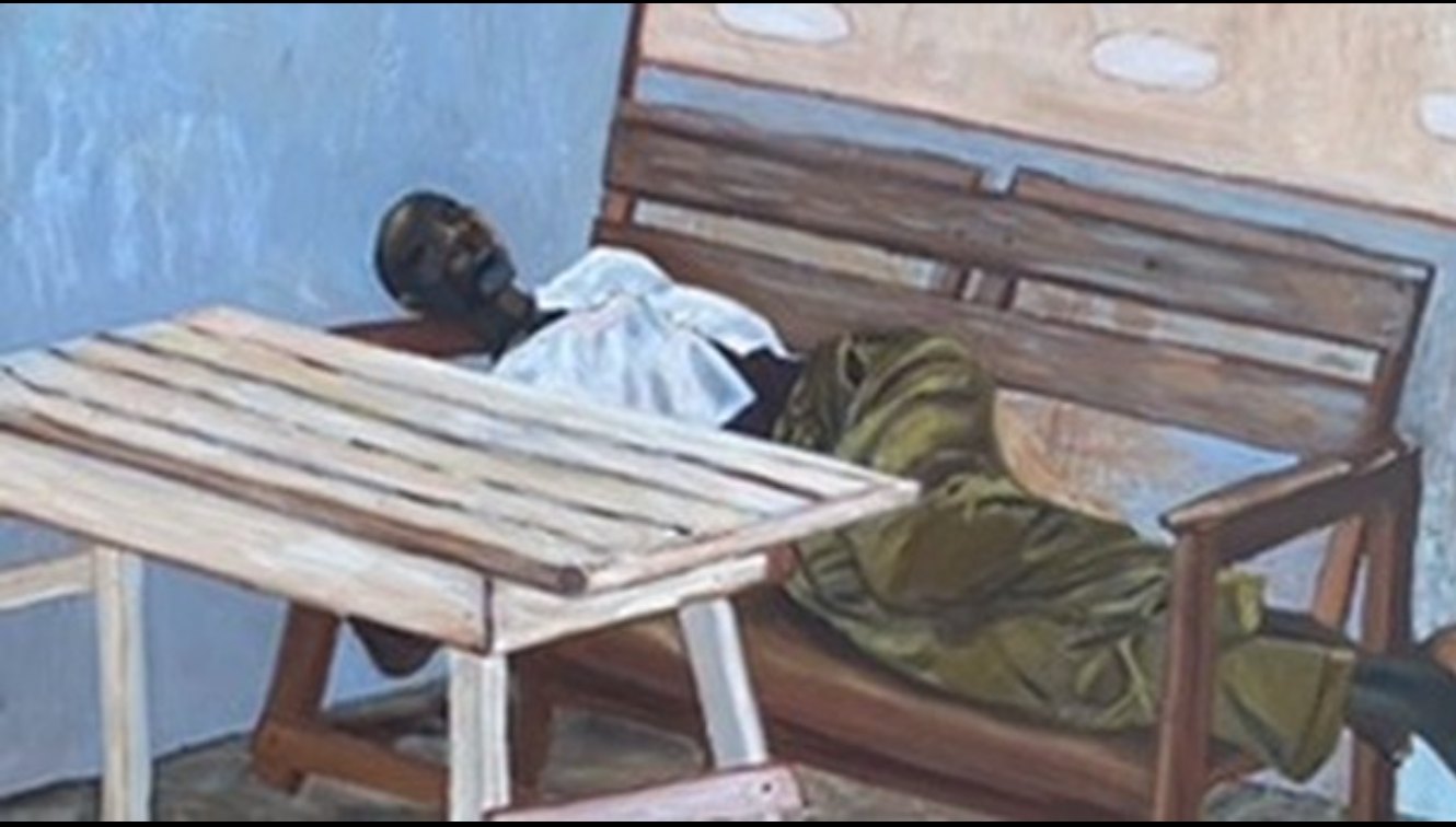 Helen Wilson original painting of a man resting on a bench