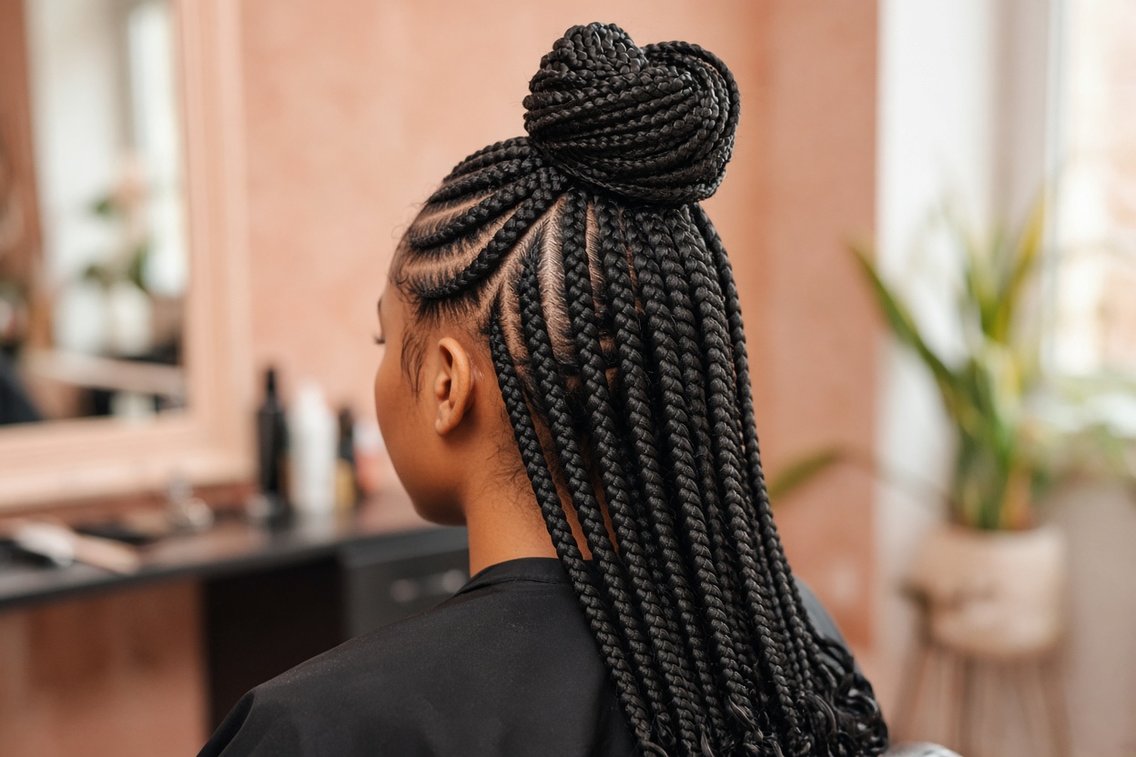 Knotless braids gathered in a high bun