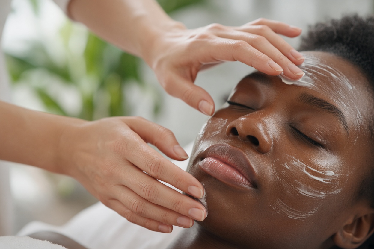Skincare facial application on radiant client in peaceful studio setting