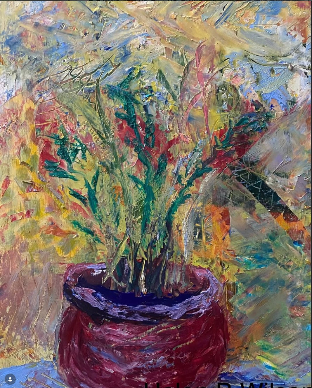 Potted Plant, an original painting of a vibrant potted plant in a red pot by Helen Wilson