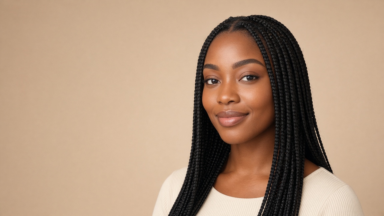 Photorealistic wide landscape hero photo of a beautiful young Black woman with long black knotless braids, warm brown skin, natural glam makeup, soft confident smile, wearing a simple cream top, warm