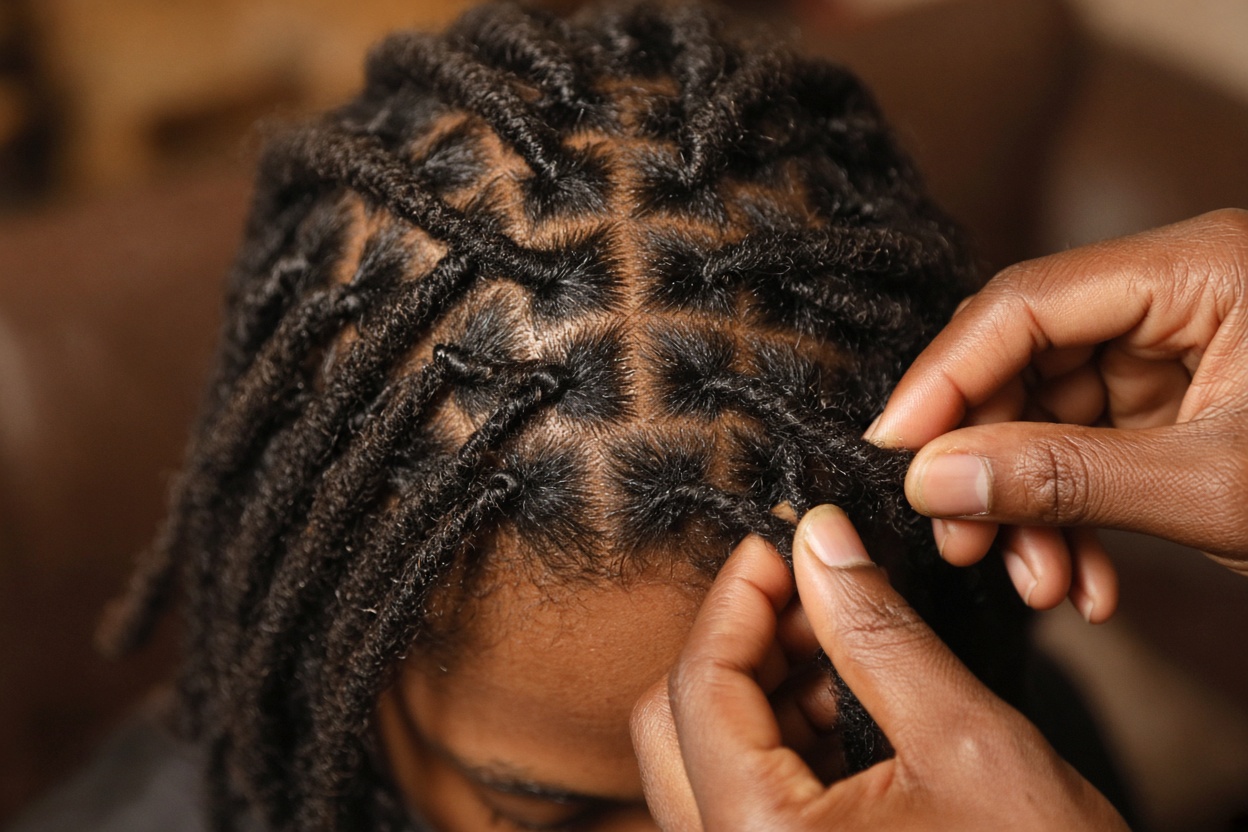 Fresh loc retwist at the crown