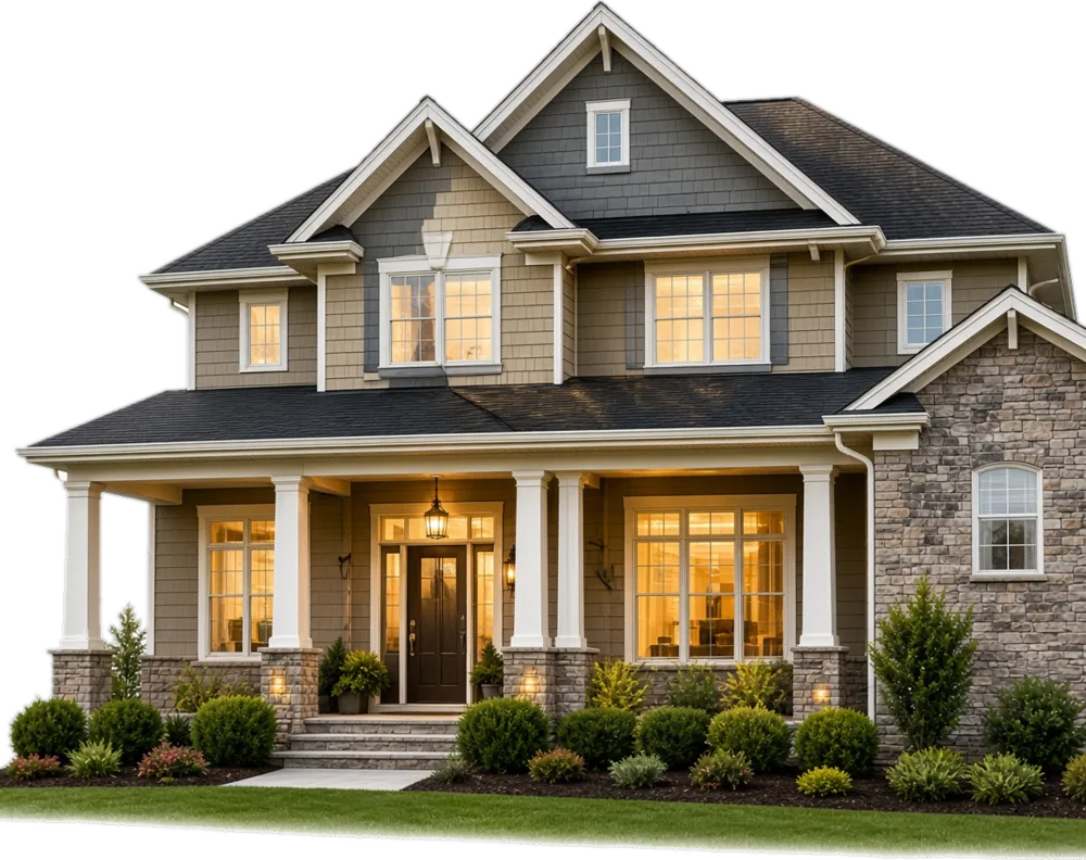 A cozy two-story home with warm lit windows and a tidy front yard