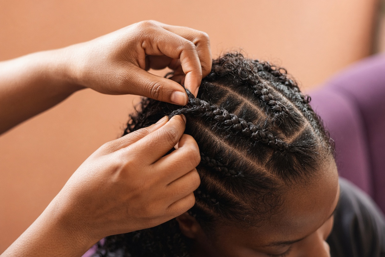 Hands weaving a knotless braid