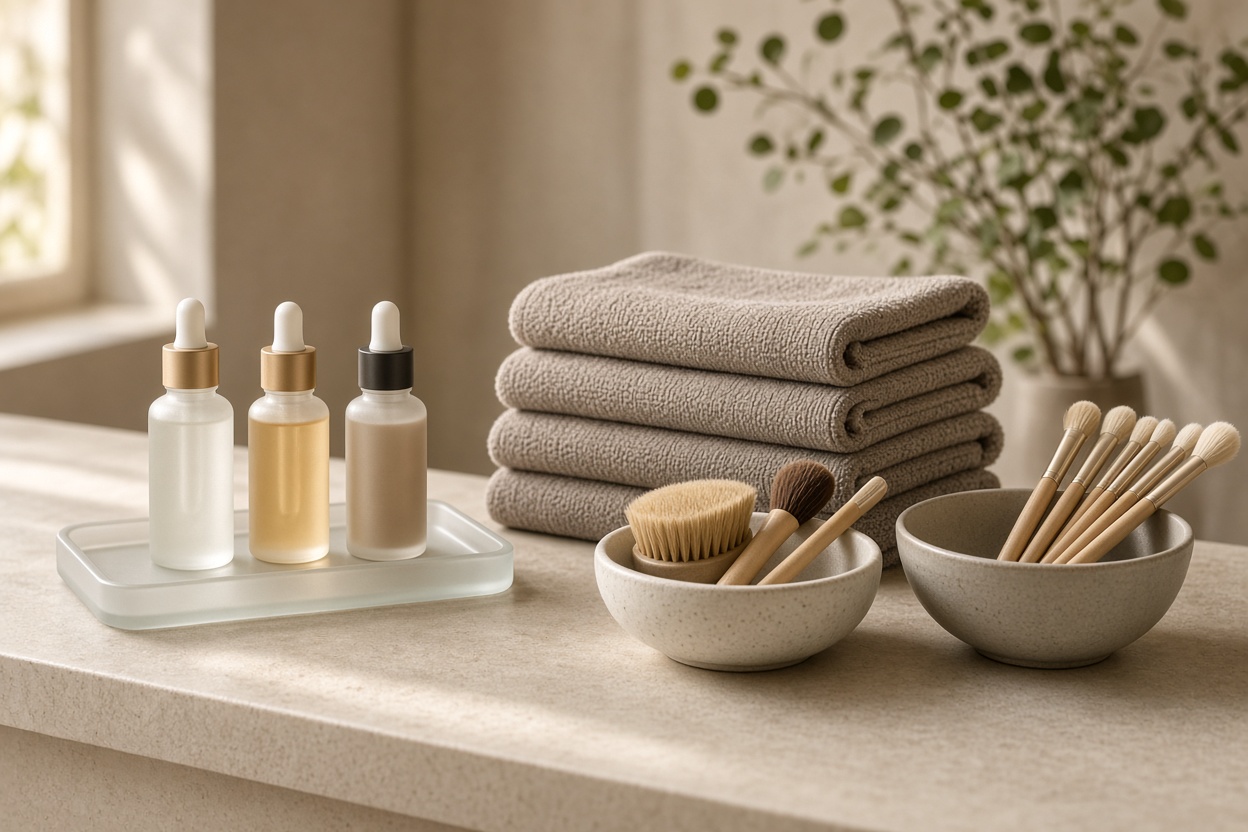 Curated boutique skincare products and tools on clean studio counter
