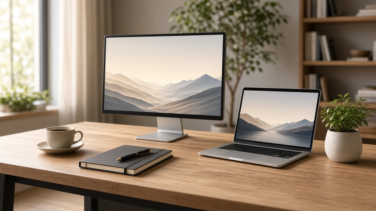 A professional desktop workspace, photorealistic wide-angle hero shot: a clean, modern desk in warm natural window light, featuring a slim monitor, an open laptop, a neat notebook and pen, a coffee cup