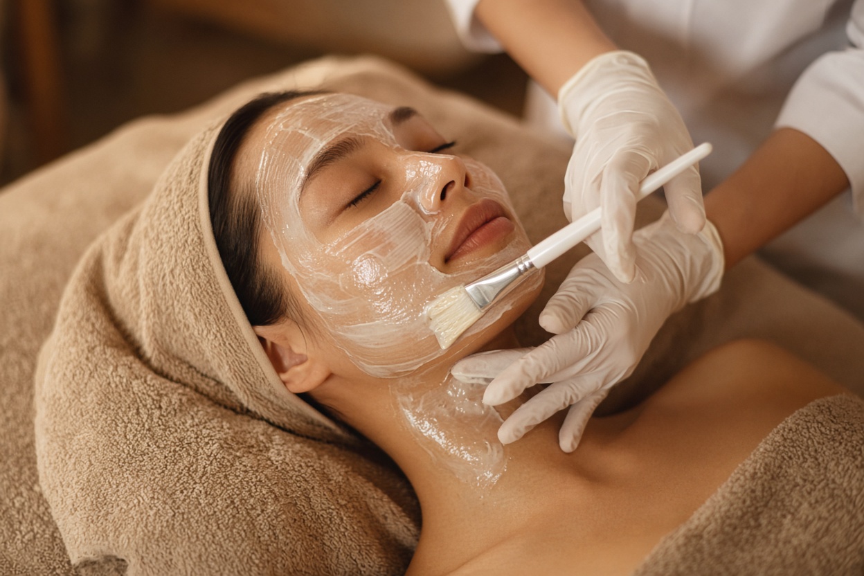 Asian woman receiving gentle hydrating mask treatment in studio