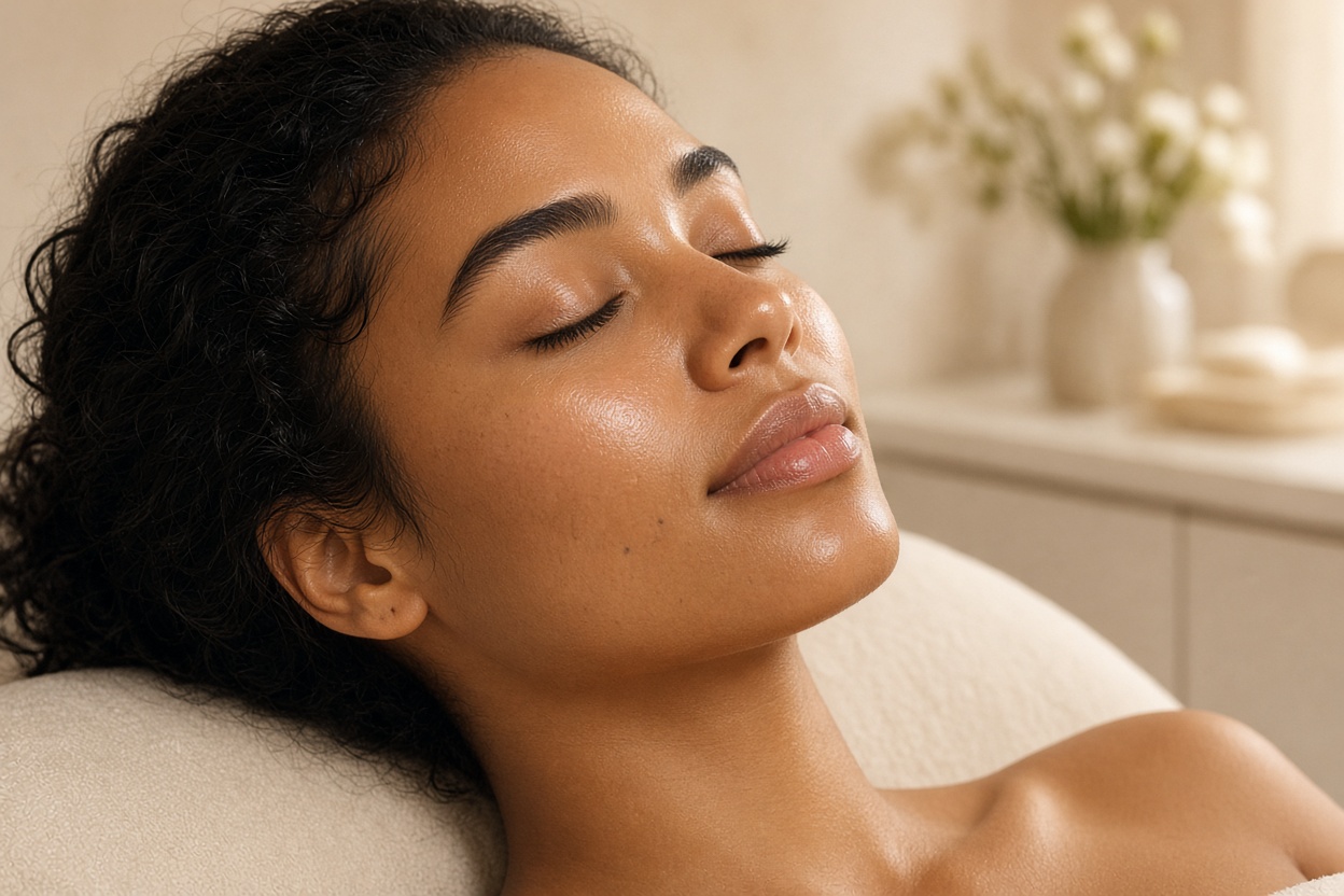 Radiant client receiving customized facial care at Satin Theory studio